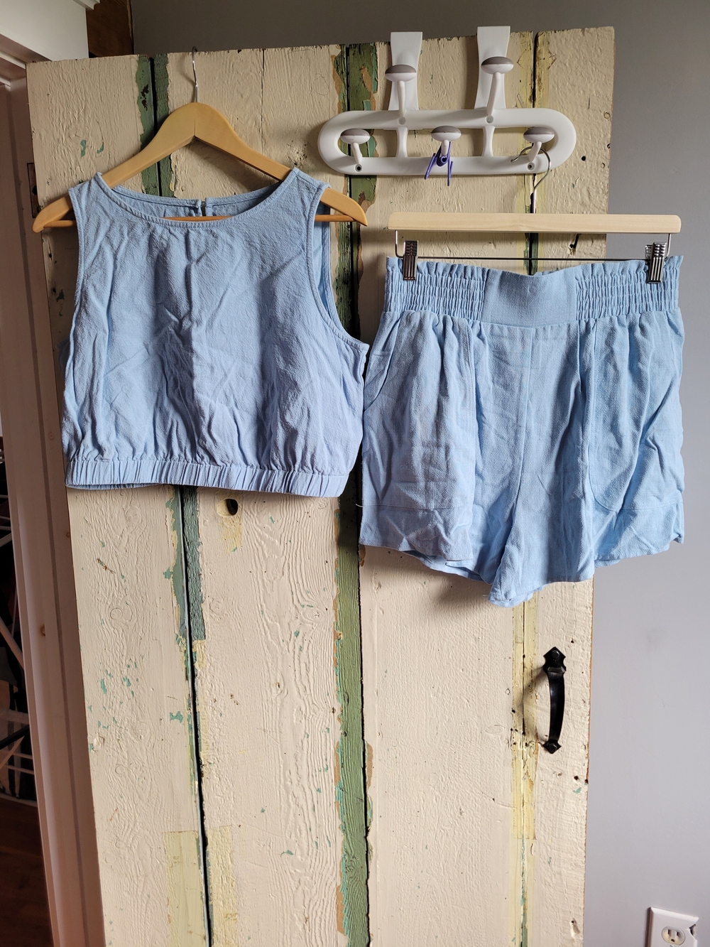 Linen Blend Light Blue Two-Piece Crop Top and Shorts Set
